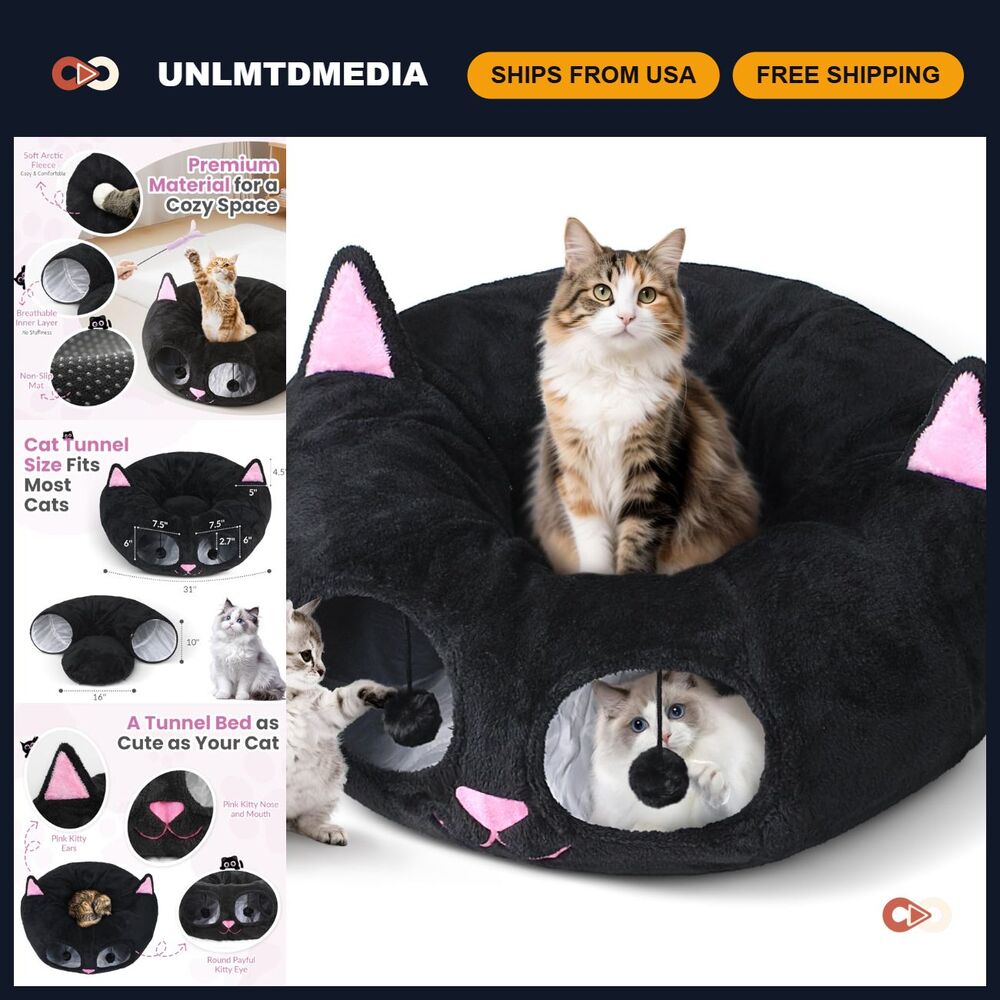 Fuzzy Cat Tunnel Bed for Indoor Cats - 2-in-1 Interactive Cat Toy & Hideaway